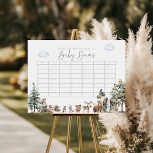 Woodland Animals Baby Shower Due Date Calendar, Editable Woodland Guess The Baby&#39;s Birthday Calendar Game Template, Baby Predictions BS151
