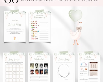 Silly Goose Baby Shower Games Bundle, Editable Pastel Floral Silly Goose Baby Shower Games, Neutral Spring Goose Baby Shower Games BS173