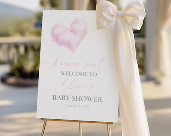 Pink Heaven Sent Baby Shower Welcome Sign, Editable Girl Cloud Theme, Printable Decor for Baby Celebrations BS117
