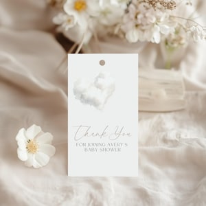 Modello di etichetta di ringraziamento per baby shower "A Little Piece of Heaven", etichetta di ringraziamento per baby shower "Sweet White Cloud", modificabile, BS64