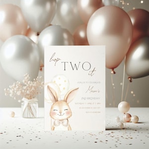 Bunny 2nd Birthday Invitation, Editable Easter Spring Some Bunny Is Two Birthday Invitation Canva Template, Girl Boy Bunny Invitation BS189