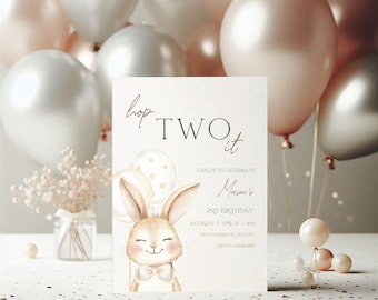 Bunny 2nd Birthday Invitation, Editable Easter Spring Some Bunny Is Two Birthday Invitation Canva Template, Girl Boy Bunny Invitation BS189
