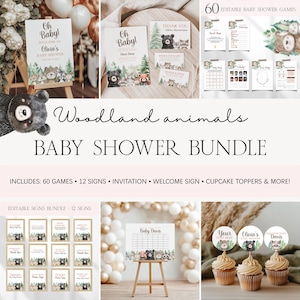 Woodland Animals Baby Shower Bundle, Editable Forest Animals Baby Shower Template Bundle, Woodland Baby Shower Invitation Games Bundle BS107