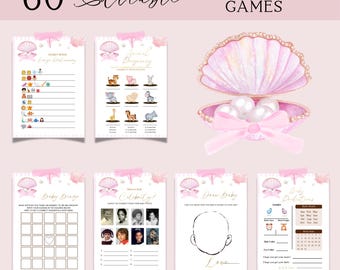 Seashell Baby Shower Games Bundle, Editable Beach Babe Girl Baby Shower Games Pack, Pink Coastal Ocean Beach Baby Shower Games Bundle BS178