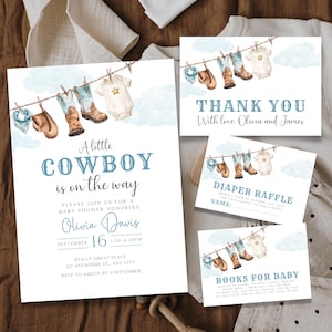 Un piccolo pacchetto di inviti per baby shower da cowboy, invito per baby shower nel selvaggio West, modello di invito con stivali da cowboy modificabili Blue Rodeo BS75