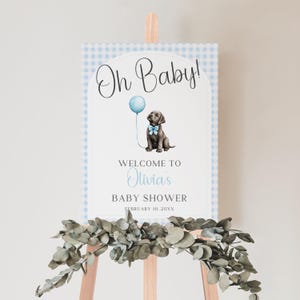 Puppy Baby Shower Welcome Sign, Editable Chocolate Labrador Baby Shower Welcome Sign Canva Template, Blue Bow Dog Welcome Poster BS170
