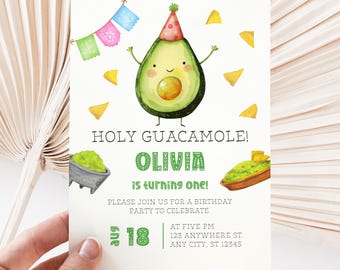 Cute Kawaii Avocado Birthday Party Invitation, Editable Holy Guacamole Avocado Kids Birthday Party Invitation, Fiesta Invite Template BS101