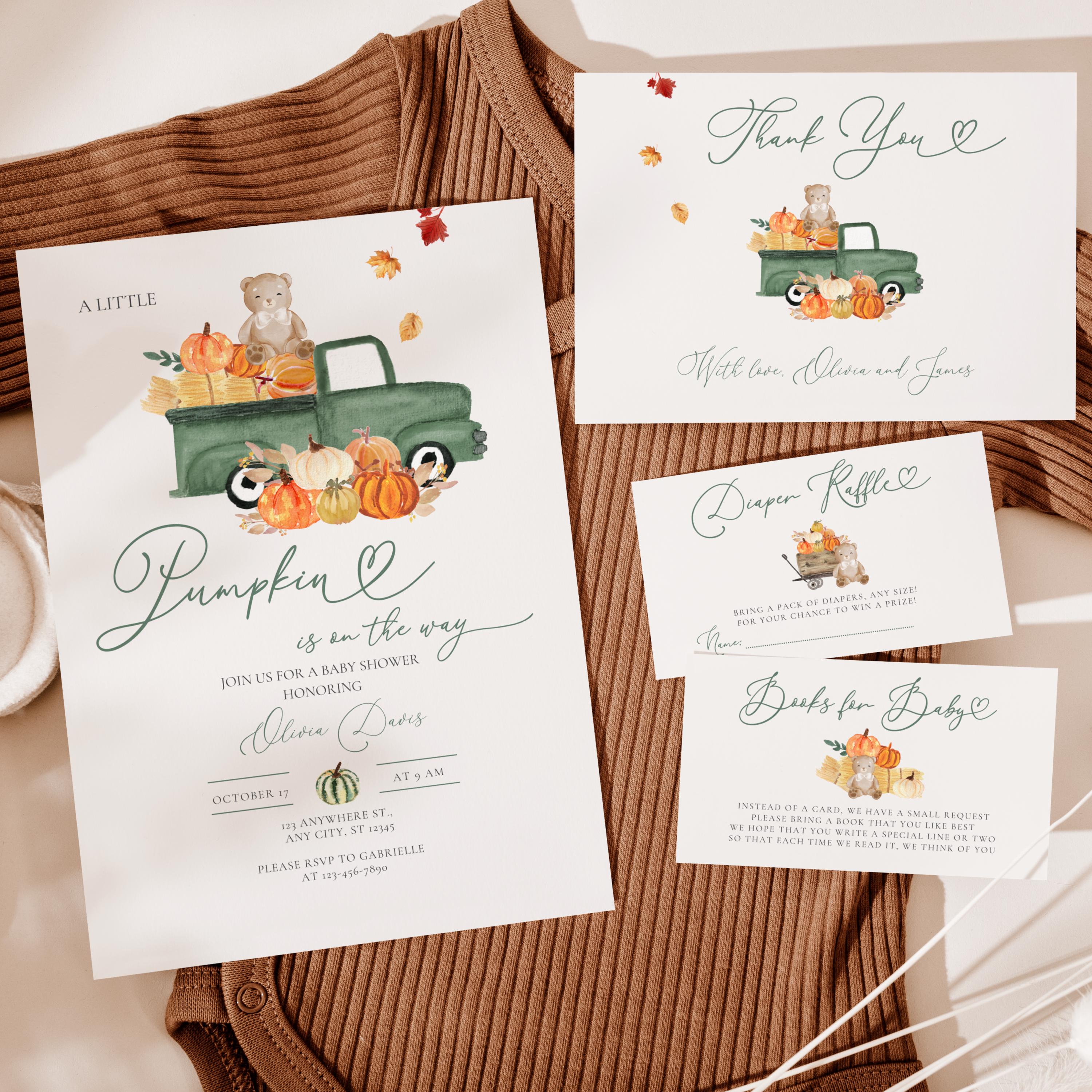 A Little Pumpkin Is On The Way Baby Shower Invitation Bundle, Green Pumpkin Truck Teddy Bear Baby Shower Invitation, Autumn Fall Invite BS21