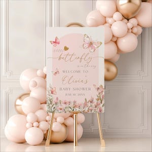 Letrero de bienvenida para baby shower "Una pequeña mariposa está en camino", letrero de bienvenida con mariposa rosa para baby shower, decoración de mariposas para baby shower BS9