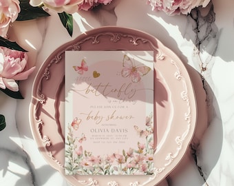 Butterfly Baby Shower Invitation, Pink Butterfly Baby Shower Invitation Template, Girl Baby Shower Invite Pink Butterflies & Flowers BS9