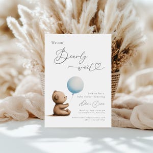 We Can Bearly Wait Baby Shower Invitation Canva Template, Blue Balloon Boho Teddy Bear Invite, Editable Boy Bear Baby Shower Invitation BS23