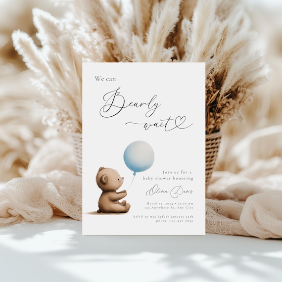 We Can Bearly Wait Baby Shower Invitation Canva Template, Blue Balloon Boho Teddy Bear Invite, Editable Boy Bear Baby Shower Invitation BS23