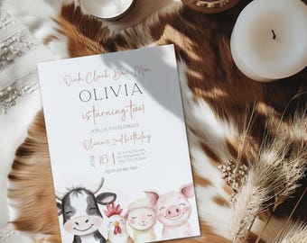 Oink Cluck Baa Moo 2nd Birthday Invitation, Editable Farm Animals Birthday Invitation Canva Template, Barnyard Boy 2nd Birthday Invite BS222