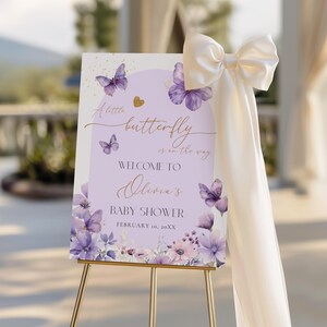 Purple Butterfly Baby Shower Welcome Sign, Editable Purple Butterfly Girl Baby Shower Welcome Poster Template, Butterfly Shower Decor BS126 image 3