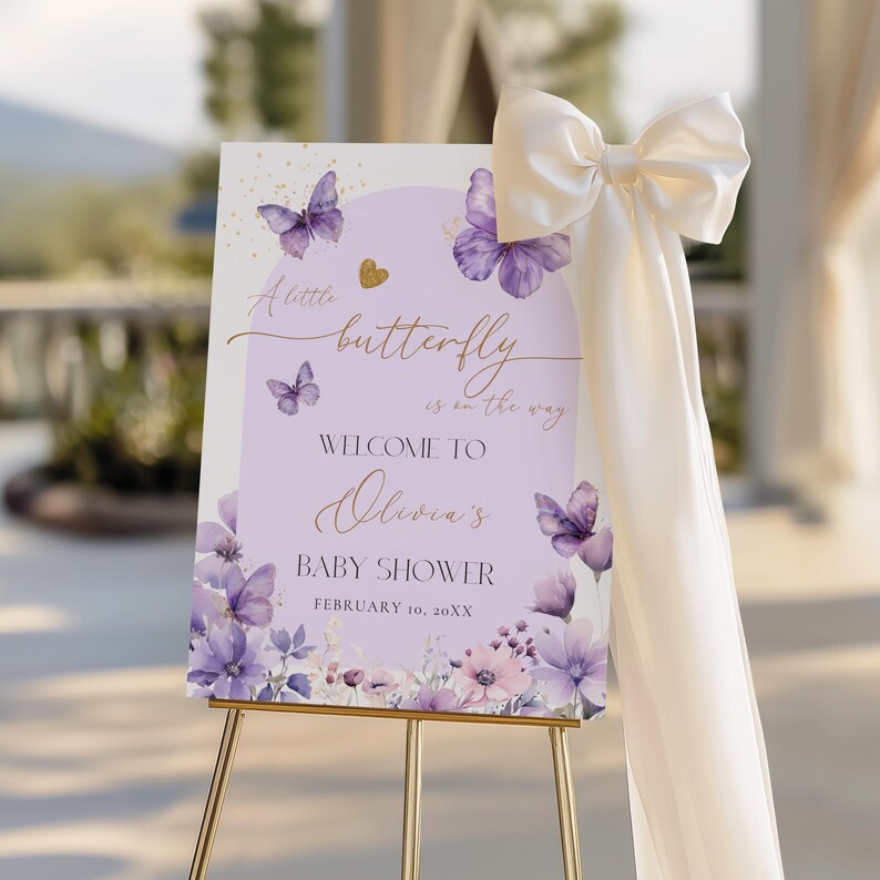 Purple Butterfly Baby Shower Welcome Sign, Editable Purple Butterfly Girl Baby Shower Welcome Poster Template, Butterfly Shower Decor BS126 image 3