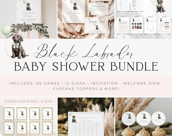Puppy Baby Shower Bundle, Digital Download Invitations, Fun Games, Editable Decor, Cute Black Labrador Puppy Theme Templates BS161