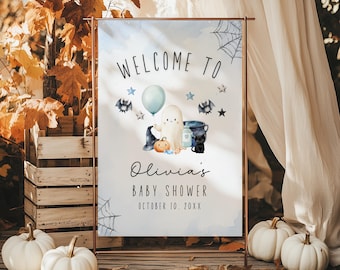 Willkommensschild für die Halloween-Babyparty, Willkommensschild „Ein kleines Boo“ für die Babyparty, Gruseliges Geister-Babypartyschild für Jungen, Bearbeitbare Herbstvorlage BS28
