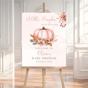 Modello di cartello di benvenuto per baby shower con zucca rosa, cartello di benvenuto per baby shower modificabile con zucca rosa per bambine, decorazione boho per baby shower autunnale BS17