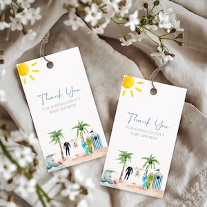 Baby an Bord Surf Babyparty Dankeschön Tag, bearbeitbare Ocean Beach Danke Geschenkanhänger Vorlage, druckbare Surf Baby Boy Favor Tag BS158