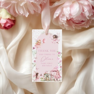 Fee Erster Geburtstag Dankeschön-Tag, bearbeitbare Rosa Fee Erster Geburtstag Mädchen Party Favor Tag Vorlage, Mädchen 1. Geburtstag Party Decor BS104