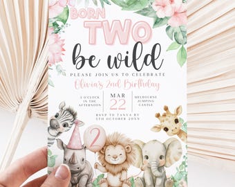 Two Wild Birthday Invitation For Girls, Editable Jungle Safari Animals 2nd Birthday Girl Invite Canva Template, Party Animal Birthday BS157
