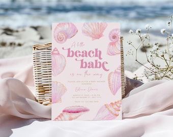 A Little Beach Babe Baby Shower Invitation, Editable Pink Shell Baby Shower Invitation Template, Boho Summer Beach Baby Shower Invite BS178