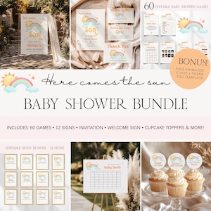 Here Comes The Son Baby Shower Bundle, Editable Retro Sunshine Baby Shower Invite Canva Template, Boho Sonshine Shower Games Bundle BS92
