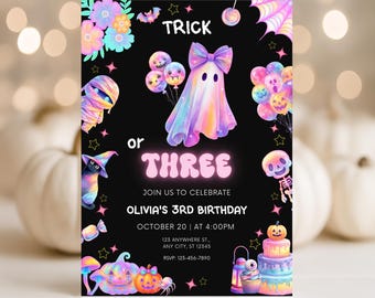 Trick Or Three Party Invite, Editable Neon Halloween 3rd Birthday Invitation Template, Iridescent Cute Ghost Girl 3rd Birthday Invite BS70