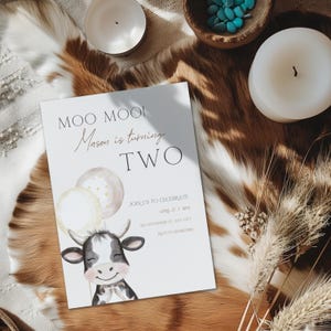 Moo Im Two Birthday Invitation, Editable Gender Neutral Cow Second Birthday Invitation Template, Printable Cow 2nd Birthday Invite BS190