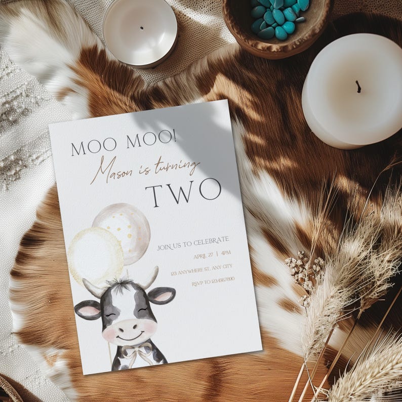 Moo Im Two Birthday Invitation, Editable Gender Neutral Cow Second Birthday Invitation Template, Printable Cow 2nd Birthday Invite BS190