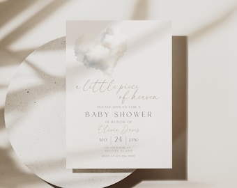 A Little Piece Of Heaven Digital Baby Shower Invitation, Editable Gender Neutral Heaven Cloud Shower Evite, Heaven Invitation Template BS64