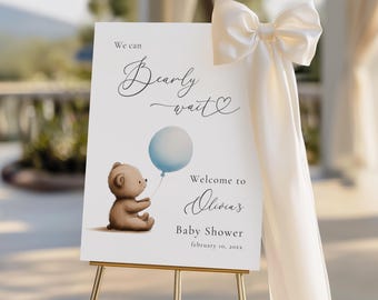 We Can Bearly Wait Baby Shower Welcome Sign, Editable Boho Bear Welcome Sign Canva Template, Blue Balloon Teddy Bear Baby Shower Poster BS23