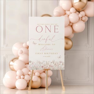 Wildflower First Birthday Welcome Sign, Editable Isn't She Onederful Floral Welcome Sign Canva Template, Boho Girls 1st Birthday Sign BS182