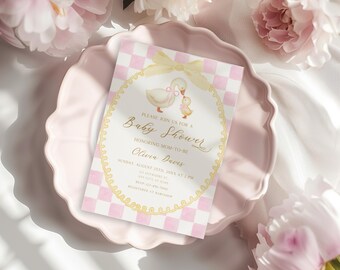 Invitación para baby shower de Mamá Ganso, editable e imprimible, temática de Ganso Divertido, diseño floral BS135