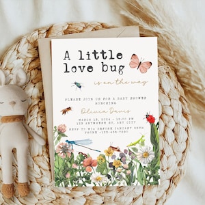 Little Love Bugs Baby Shower Invitation, modello di invito per baby shower modificabile con coccinella e insetto neutro, invito per bambino con coccinella BS100