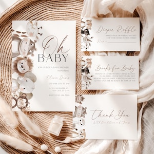 Oh Baby Safari Baby Shower Invitation Bundle, Editable Jungle Safari Animal Baby Shower Invitation Canva Template, Wild One Invite BS225