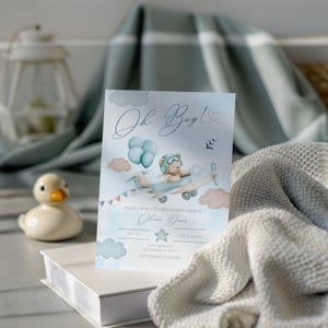 Bear Airplane Theme Baby Shower Invitation, Editable Travel Aviator Airplane Baby Shower Invite, Blue Up Up and Away Invite Template BS96