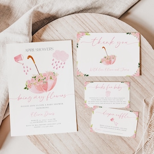 April Showers Bring May Flowers Baby Shower Invitation Bundle, Editable Girl Spring Umbrella Baby Shower Invitation Canva Template BS81
