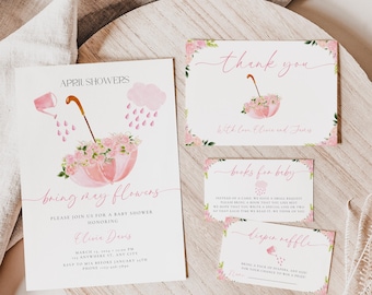 April Showers Bring May Flowers Baby Shower Invitation Bundle, Editable Girl Spring Umbrella Baby Shower Invitation Canva Template BS81