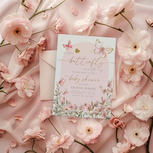 Butterfly Baby Shower Invitation, Pink Butterfly Baby Shower Invitation Template, Girl Baby Shower Invite Pink Butterflies & Flowers BS9