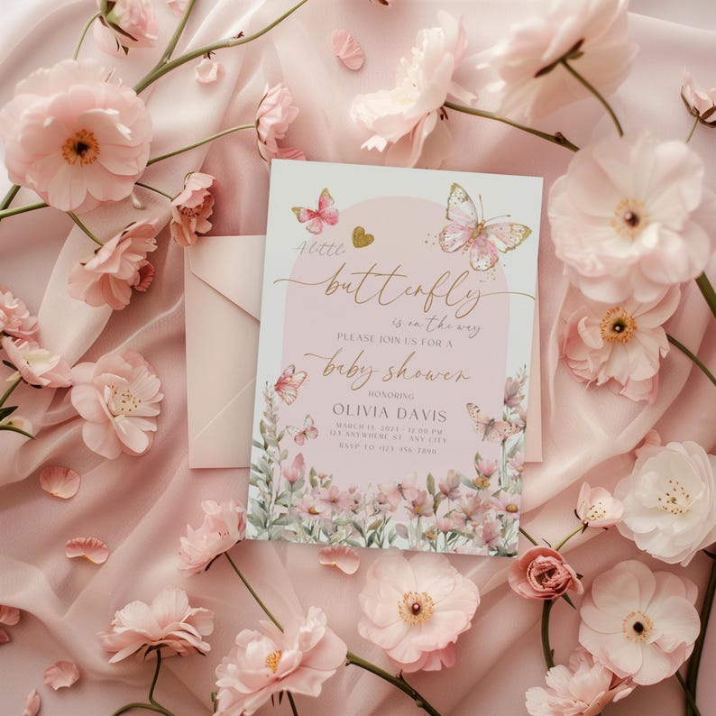 Butterfly Baby Shower Invitation, Pink Butterfly Baby Shower Invitation Template, Girl Baby Shower Invite Pink Butterflies & Flowers BS9