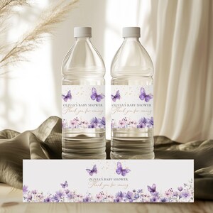 Purple Butterfly Baby Shower Water Bottle Label, Editable Butterfly Girl Baby Shower Water Bottle Label Sticker Template, Spring Baby BS126