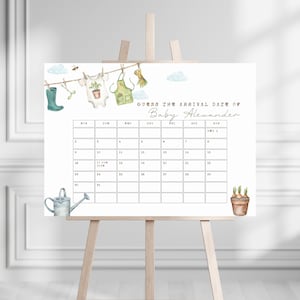 Lokal gewachsener Babyparty-Fälligkeitsdatumskalender, bearbeitbarer geschlechtsneutraler Landgarten-Bauern erraten Babys Geburtstagskalender-Vorlage BS34