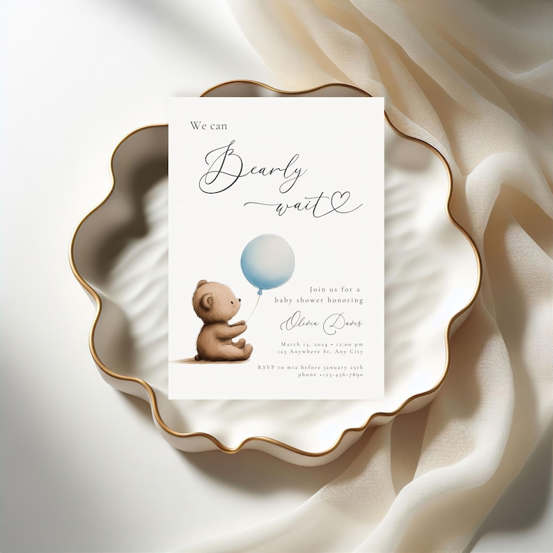 We Can Bearly Wait Baby Shower Invitation Canva Template, Blue Balloon Boho Teddy Bear Invite, Editable Boy Bear Baby Shower Invitation BS23