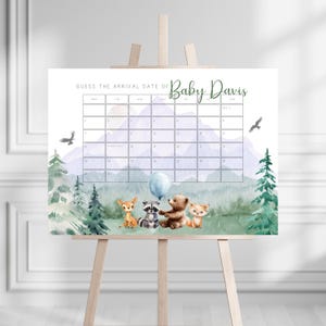 Che l'avventura abbia inizio Calendario delle date di scadenza del bambino, Calendario modificabile per baby shower nel bosco, Gioco di previsioni per il compleanno di Pine Trees Mountain BS3