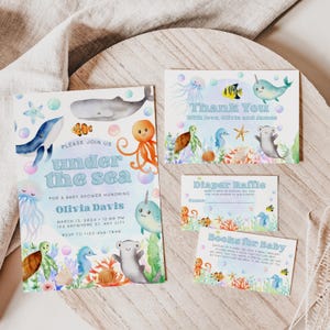 Under The Sea Baby Shower Invitation Bundle, Gender Neutral Sea Animals Baby Shower Invitation Canva Template, Nautical Ocean Invite BS134