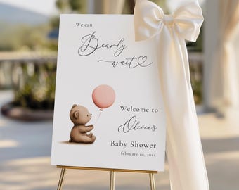 We Can Bearly Wait Baby Shower Welcome Sign, Editable Boho Bear Welcome Sign Canva Template, Pink Balloon Teddy Bear Baby Shower Sign BS168