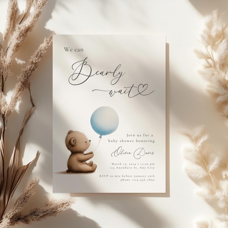 We Can Bearly Wait Baby Shower Invitation Canva Template, Blue Balloon Boho Teddy Bear Invite, Editable Boy Bear Baby Shower Invitation BS23