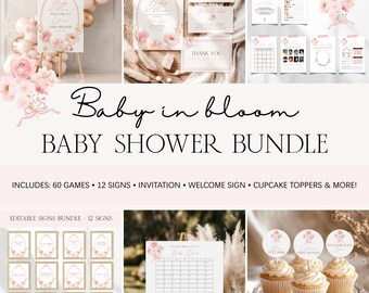 Baby in Bloom Girl Baby Shower Bundle, Floral Butterfly Decor, Printable Games, Wildflower Party Supplies BS118