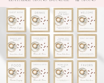 Paquete de letreros para baby shower con diseño de granos de café. Set de letreros para baby shower con temática de café, diseño de granos de café modernos y neutros (BS58)
